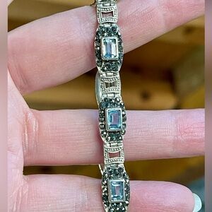 Vintage 925 sterling silver, art deco era, marcasite and blue topaz bracelet